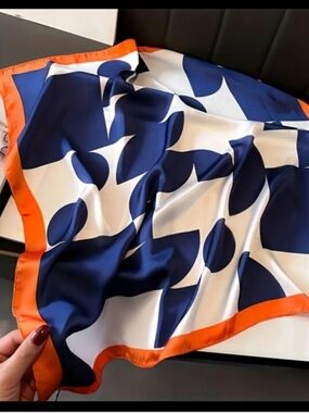 Navy & White Geometric Silk Scarf with Orange Border